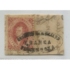 ARGENTINA 1864 GJ 19e RIVADAVIA DE 1ra TIRADA VARIEDAD PAPEL MUY GRUESO U$ 36 + FRAGMENTO CON MATASELLO FRANCA DE MENDOZA